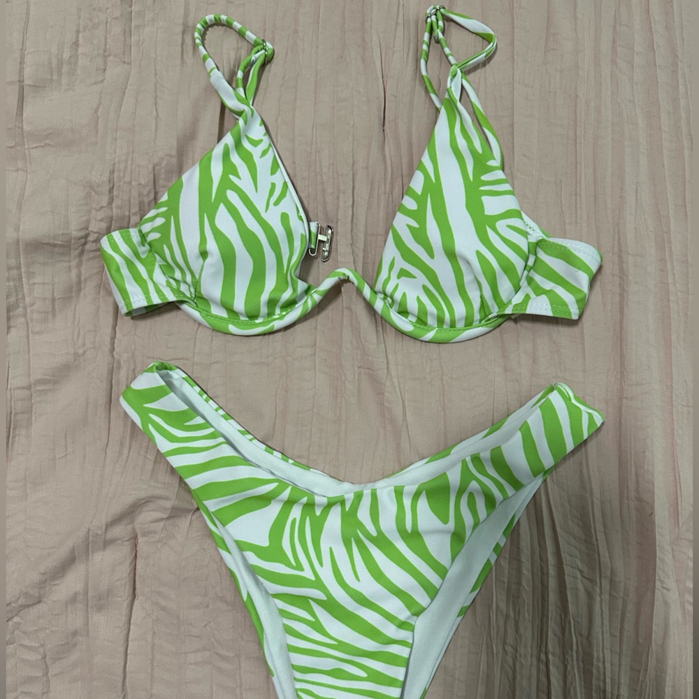 white and green zebra print bikini